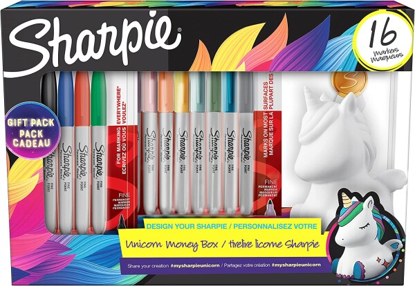 Sharpie Sharpie, 2164411, sada permanentních popisovačů s pokladničkou jednorožce, 16 ks