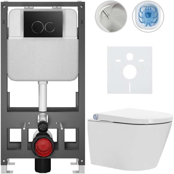 CERANO - Závěsné WC s bidetem Basic/Cronus Standard - bílá lesklá - WC tlačítko Dualo/Černá - volně stojící - předstěnová instalace - 59,3x38,4 CER-8050BD86427