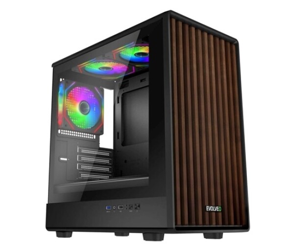 EVOLVEO Panthera, skříň mATX, 3x ARGB ventilátor 120mm, dřevěný přední panel + skleněná bočnice EDF_547202