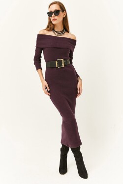 Olalook Women's Plum Madonna Collar Lycra Long Dress