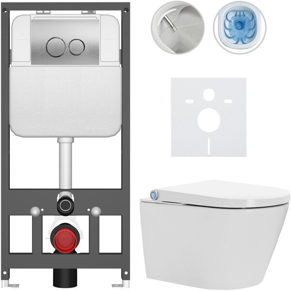 CERANO Závěsné WC s bidetem Basic/Cronus Standard - bílá lesklá - WC tlačítko Dualo/Stříbrná - závěsné - předstěnová instalace - 59,3x38,4 cm