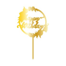 Cesil Zapichovací plastová dekorace zlatá Happy Birthday v kruhu s květinami
