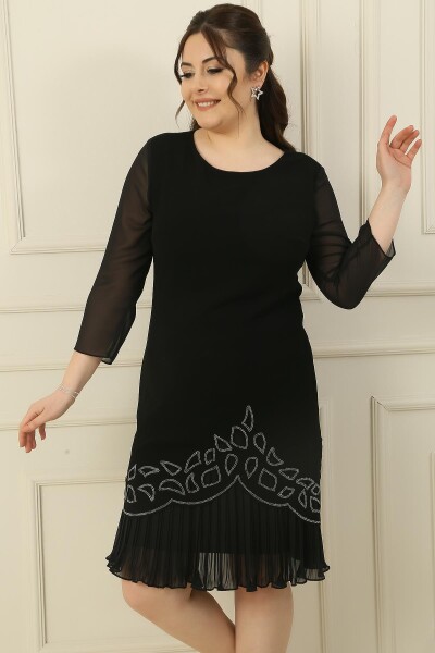 By Saygı Chiffon Pleated Stone Detailed Plus Size Crepe Dress With Sleeves And Both