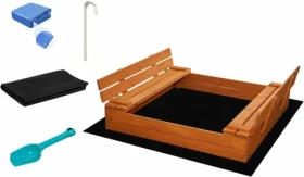 SAND TROPIC Dřevěné pískoviště s lavičkami a příslušenstvím 146x137cm (impregnované)