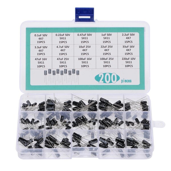 Sada elektrolytických kondenzátorů 0,1uF - 220uF - 15 druhů, 200 kusů