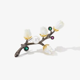 Brož s motivem květin a perlou na černé větvičce, Černá Bílá