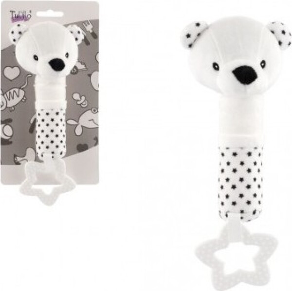 Pískátko/kousátko medvěd plyš 22cm bíločerné na kartě v sáčku 0+