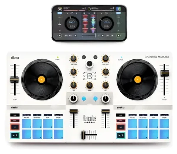 Hercules DJControl Mix Ultra bílá / Mixážní pult / Bluetooth Low Energy / baterie 10 h / 8 padů / 3pásmový EQ (4780942)