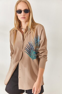 Olalook Mink Palm Sequin Detailed Oversized Woven Poplin Shirt