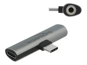 Delock USB-C audio adaptér šedá / Redukce / USB-C + Jack 3,5 mm USB-C nabíjení / PD 3.0 20V/3A (60W) (64186)