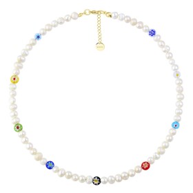 Perlový náhrdelník Laura - korálky Millefiori, bílé perly, Zlatá 38 cm + 3 cm (prodloužení) Bílá