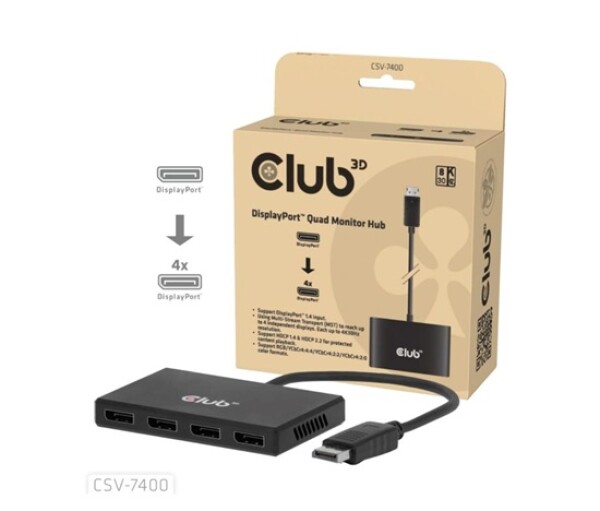 Club3D hub MST (Multi Stream Transport) DisplayPort 1.4 na 4x DisplayPort, Quad monitor, 4x 4K30Hz, 8K30Hz