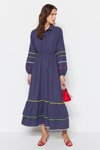 Trendyol Námořnické modré proužky Detailní bavlněné tkané šaty Half Pat