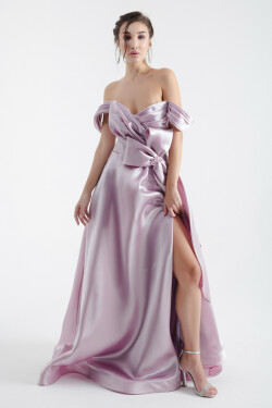 Lafaba Women's Lilac Off Shoulder Slit Long Evening Dress