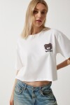 Happiness İstanbul Women's Ecru Teddy Bear Embroidered Crop Knitted T-Shirt