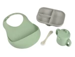 Beaba Jídelní sada silikonová 4-dílná s bryndákem Grey/Sage Green (913556BB)