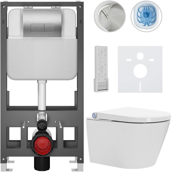 CERANO Závěsné WC s bidetem Basic/Cronus Premium - bílá lesklá - WC tlačítko Modulo/Stříbrná - volně stojící - předstěnová instalace - 59,3x38,4 cm