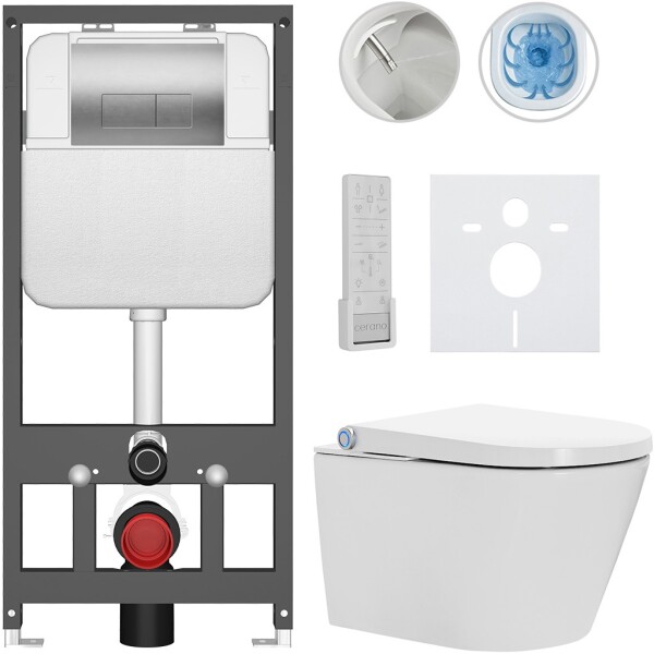 CERANO Závěsné WC s bidetem Basic/Cronus Premium - bílá lesklá - WC tlačítko Modulo/Stříbrná - závěsné - předstěnová instalace - 59,3x38,4 cm