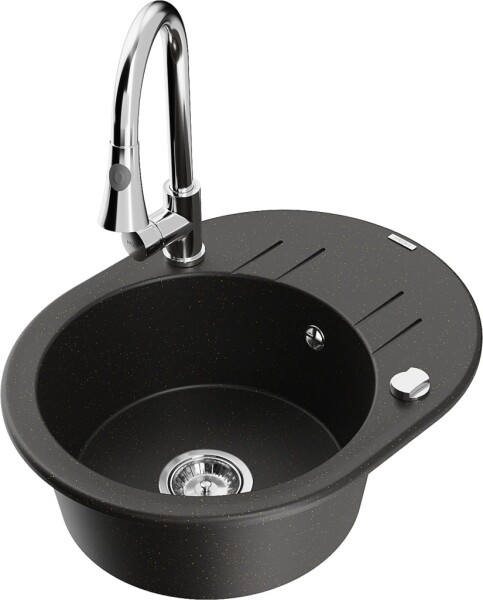 MEXEN/S - Kevin granitový dřez 1 s odkapávačem včetně baterie Elia, černá/zlatá metalik 6517-75-670101-00