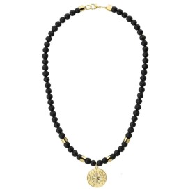 Pánský korálkový náhrdelník Diego Gold - lávový kámen, větrná růžice, Zlatá 55 cm