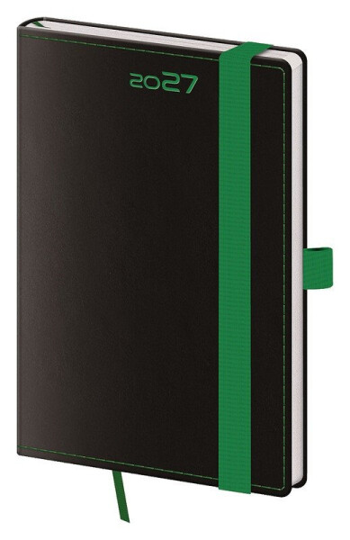Diář 2027 týdenní kapesní Black Green s poutkem na propisku