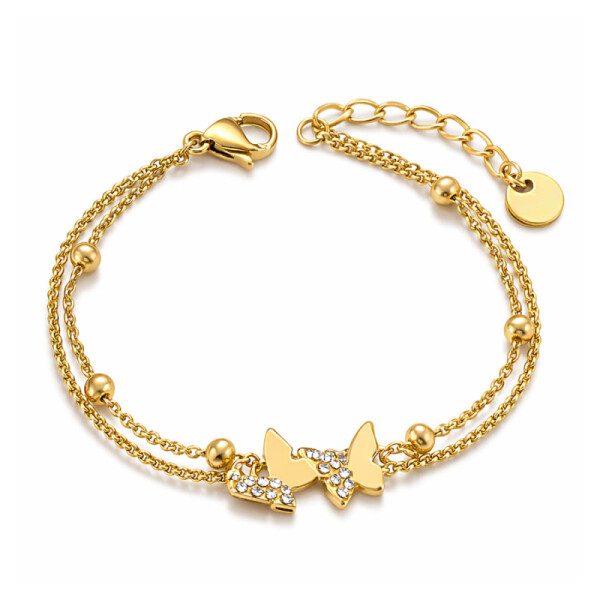 Náramek s motýlky Lou Gold - chirurgická ocel, Zlatá 17 cm + 3 cm (prodloužení)