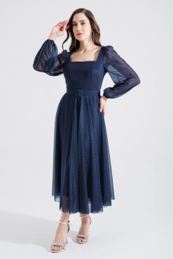 Lafaba Women's Navy Blue Square Collar Belted Midi Glitter Evening Dress