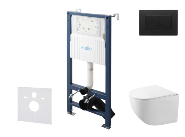 Kielle - Genesis New Set předstěnové instalace, kompaktního klozetu Gaia, Rimless, sedátka softclose a tlačítka Gemini New III, matná černá 30528SS90