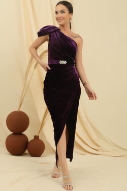By Saygı One-Shoulder Waist Belted Draped Long Velvet Dress