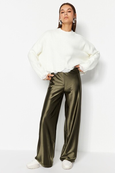 Pletené kalhoty Trendyol Khaki Premium Satin Wideleg/Wide Leg