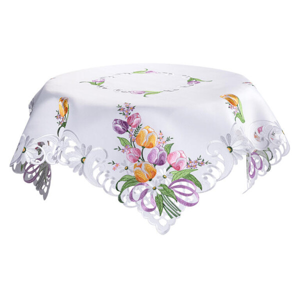 Středový ubrus s výšivkou BAREVNÉ TULIPÁNY 85 x 85 cm