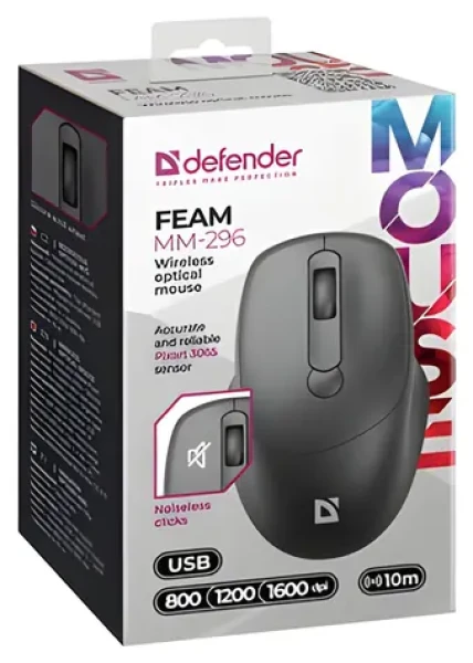 Defender FEAM MM-296 černá / Bezdrátová optická myš / 1600 DPI / 10 m / 2.4 GHz (52296)