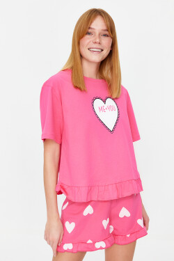 Trendyol Růžové 100% Bavlněné Tričko se Srdcovým Vzorem Volánkovým Detaily-Krátké Pletené Pyžamo