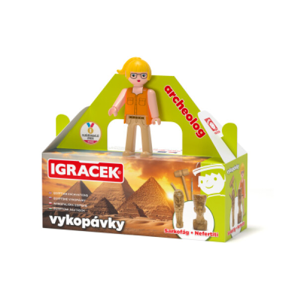 Igráček Archeoložka - figurka s egyptskými vykopávkami sarkofágu a sošky Nefertiti
