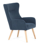 Křeslo, potah modrá manšestrová látka, dřevěné nohy, masiv kaučukovník