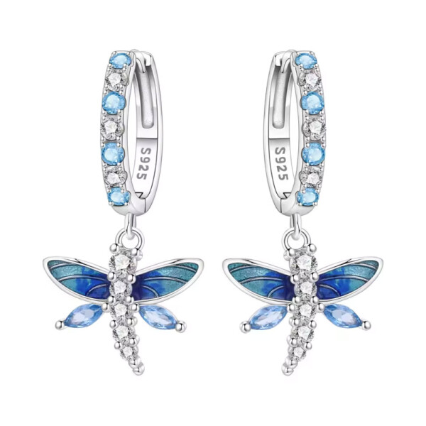 Stříbrné visací náušnice Vážka - stříbro 925/1000, Modrá