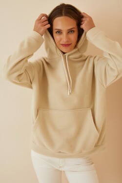 Happiness İstanbul Women's Cream Hooded Winter Fleece Sweatshirt