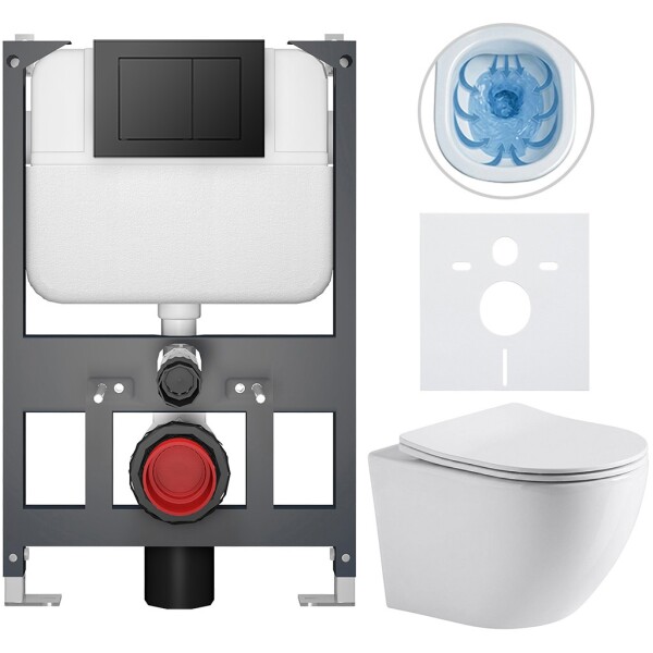 CERANO Kompletní WC set Basic/Cesso - bílá lesklá - WC tlačítko Maxio/Černá - závěsné - nízký modul - předstěnová instalace - 49x36 cm - 8050BD85949