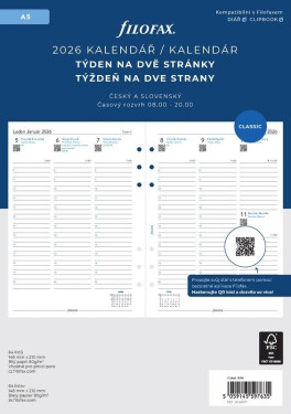 FILOFAX kalendář 2026 A5, týden/2 str, linky, ČJ+SJ
