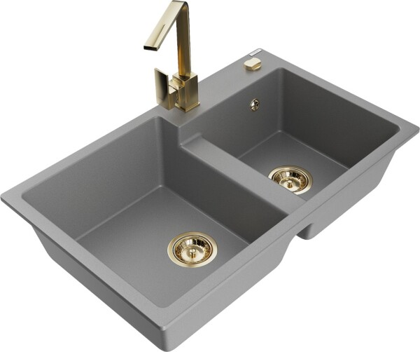 MEXEN/S - Tomas granitový dřez 2-bowl včetně baterie Rita, šedá 6516-71-670300-50