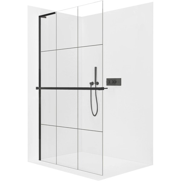 CERANO Sprchová zástěna Walk-in Onyx L-levá vzpěra - 8 mm + polička/držák na ručníky - černá matná, industriální sklo - 140x200 cm