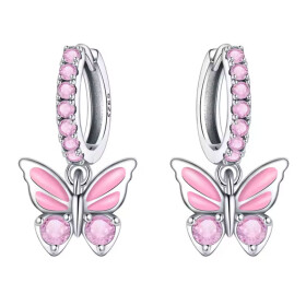 Stříbrné náušnice s růžovým motýlkem - stříbro 925/1000, Růžová