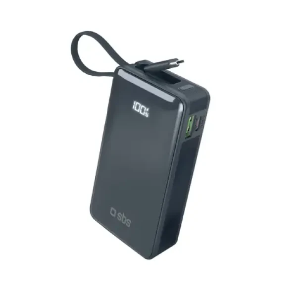SBS 10000 mAh tmavě šedá / Powerbanka / 20 W / integrovaný kabel USB-C / LCD displej (TTBB10000LCDTCPD20B)