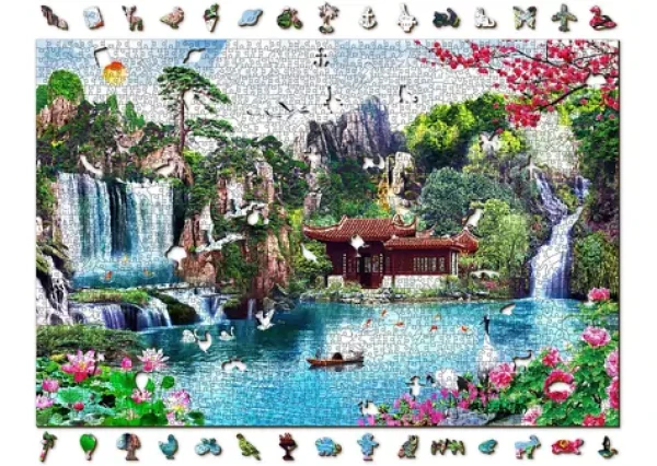 WOODEN CITY Dřevěné puzzle Vodopády v japonské zahradě 2v1 - 2000 dílků EKO