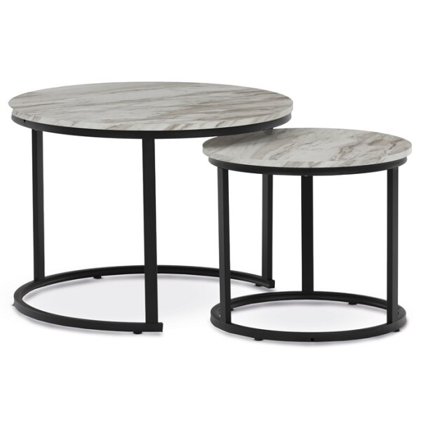 Set 2 ks stolků, MDF deska, dekor bílý mramor, kovová podnož, černý lak