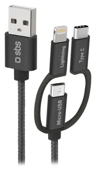 SBS černá / Kabel 3v1 USB-A na Lightning USB-C Micro-USB / 1,2 m (TECABLEUSBIP531BW)