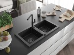 MEXEN/S - Mario granitový dřez 2-bowl včetně baterie Flora, černá/stříbrná metalik 6504-73-670401-70-B