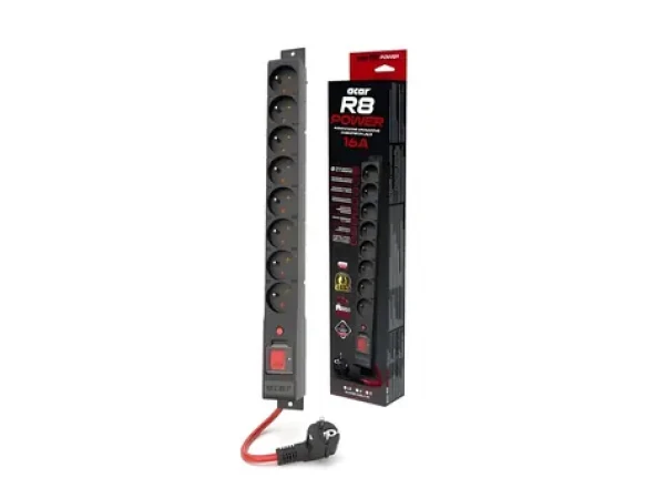 Acar R8 Power černá / Prodlužovací kabel / 8 zásuvek / 5 m / přepěťová ochrana (W2452)