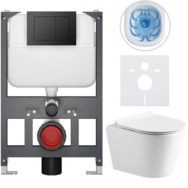 CERANO - Kompletní WC set Basic/Carlito - bílá lesklá - WC tlačítko Maxio/Černá - závěsné - nízký modul - předstěnová instalace - 48,5x36,5 CER-8050BD86039