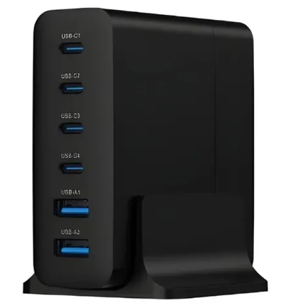Gembird TA-UC-2A4C-PD75-01-BK černá / Nabíjecí stanice / 75 W / 4x USB-C PD 25 W / 2x USB-A QC 3.0 18 W / GaN (TA-UC-2A4C-PD75-01-BK)